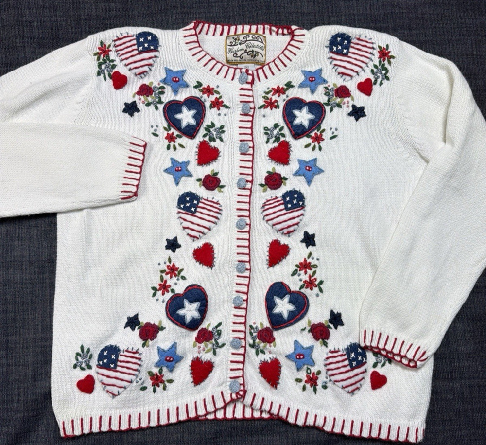 Vtg Heirloom Collectibles Patriotic Knit Cardigan Americana Grandmacore Sz Med
